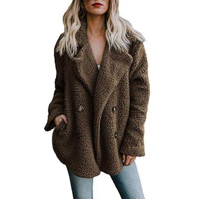HINDOLA Women's Winter Casual Warm Faux Fur Thick Jacket Coats Lapel Button Parka Outwear Overcoat with Pockets