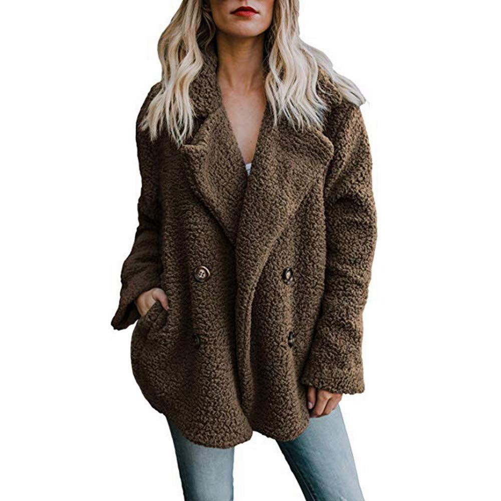 HINDOLA Women's Winter Casual Warm Faux Fur Thick Jacket Coats Lapel Button Parka Outwear Overcoat with Pockets