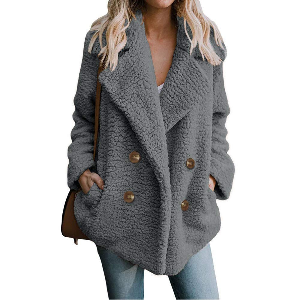 HINDOLA Women's Winter Casual Warm Faux Fur Thick Jacket Coats Lapel Button Parka Outwear Overcoat with Pockets