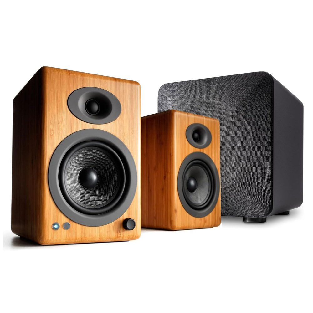 Audioengine A5 Bamboo Wireless Bookshelf Speakers and 210W S6 Subwoofer with Remote