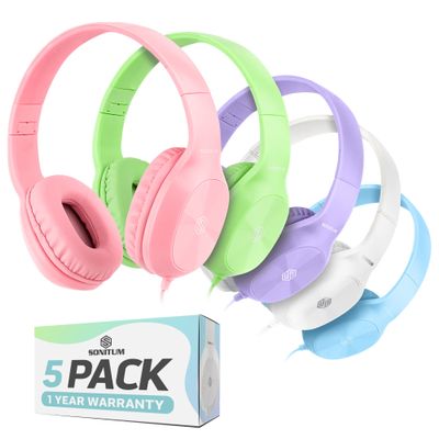 Sonitum Kids Headphones for School Bulk Set 5-Pack On-Ear, 3.5mm, Wired Headphones for Schools & Libraries  Adjustable, Cushioned Wired Kids, (Mixed Colors)