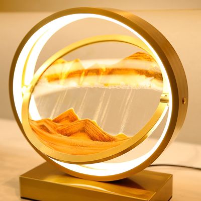 LFFH Hourglass Table Lamp, 3D Quicksand Art Sand Scene Dynamic Round Glass Sandscape Painting Desk Lamp Sand Painting Lamp (Color : Yellow-1, Size : 29x10x33cm)