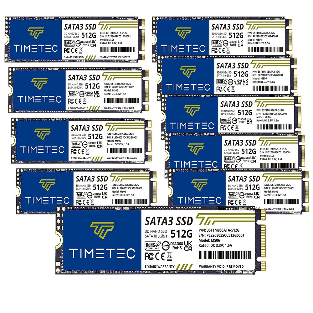 Timetec 512GBx10 (10 Pack) SSD 3D NAND SATA III 6Gb/s M.2 2280 NGFF Read Speed Up to 550MB/s SLC Cache Performance Boost Internal Solid State Drive for PC Computer Laptop and Desktop