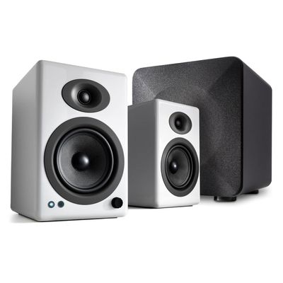 Audioengine A5 White 150W Powered Bookshelf Speakers and S6 Subwoofer with Remote
