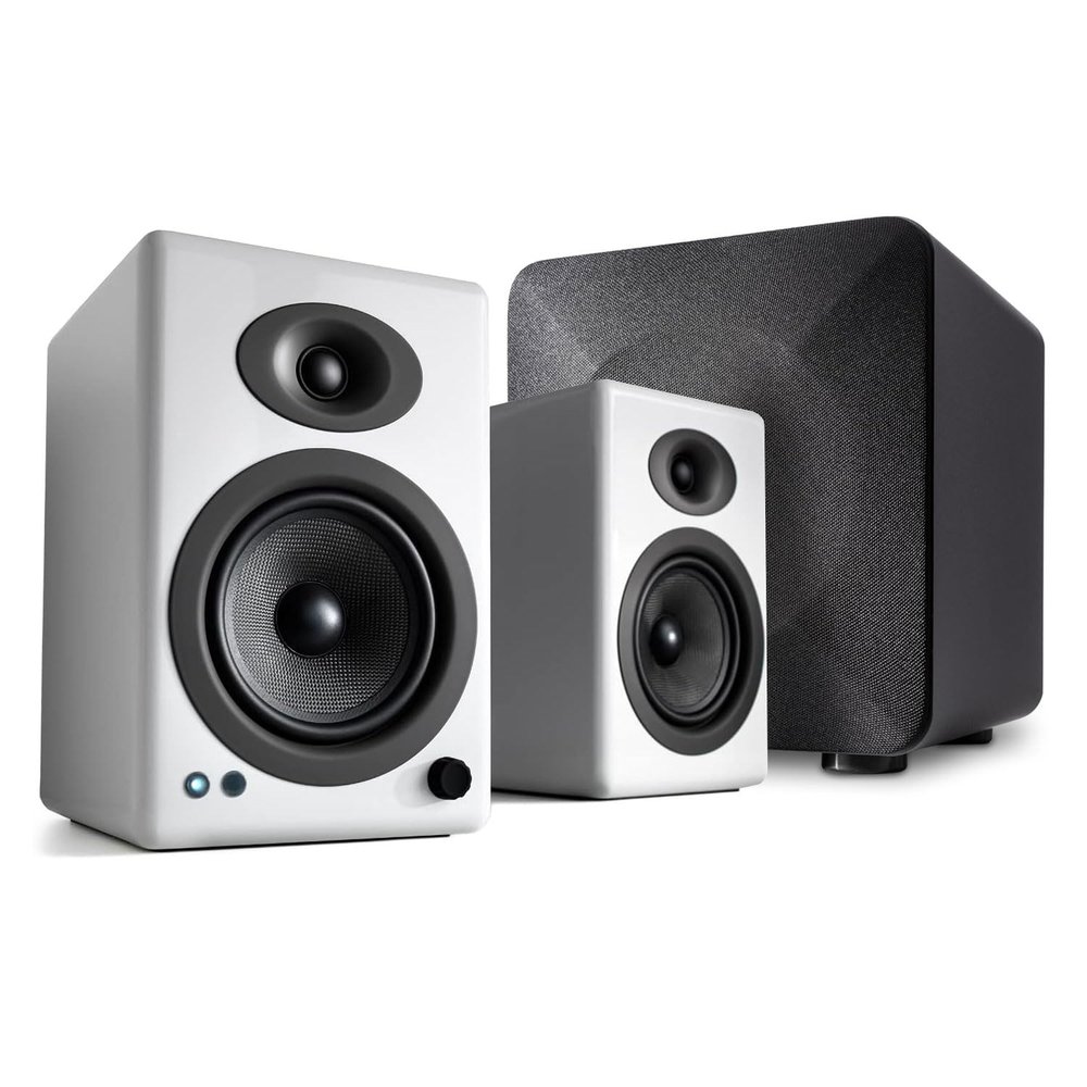 Audioengine A5 White 150W Powered Bookshelf Speakers and S6 Subwoofer with Remote