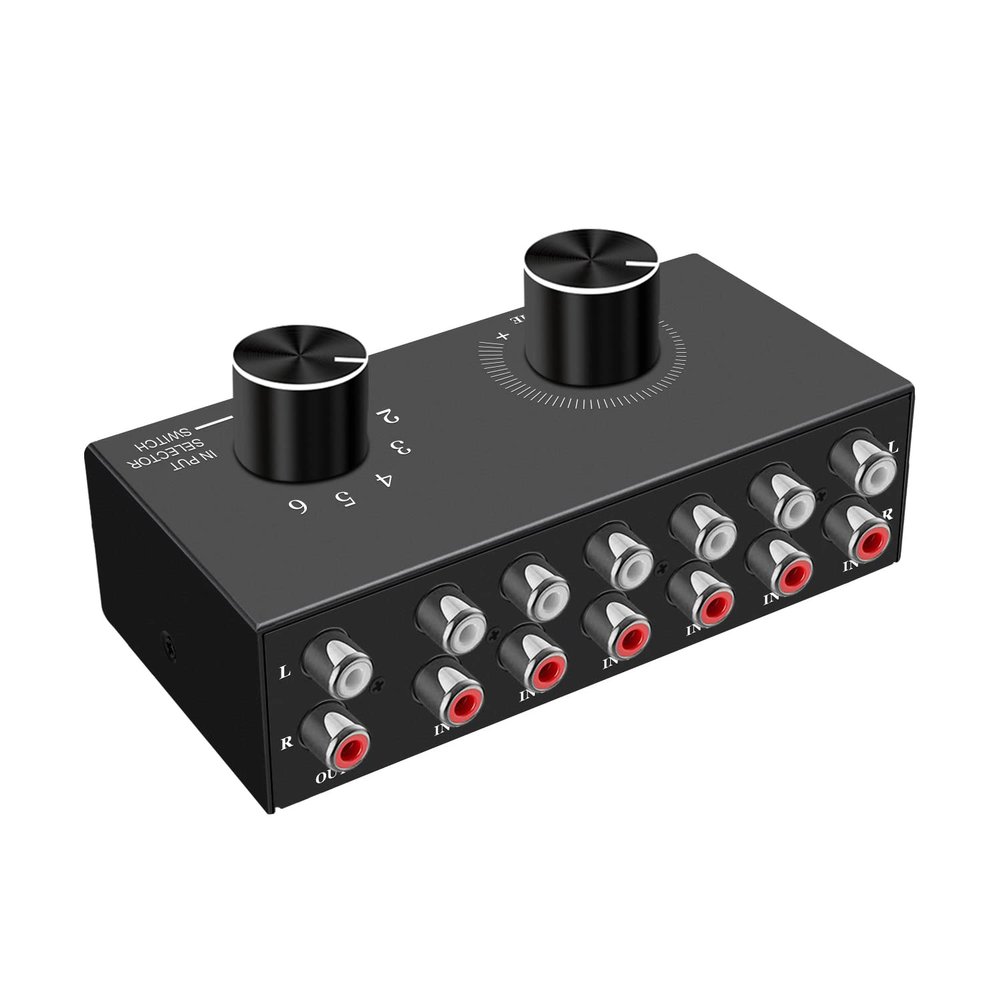 Dingsun 6-Way Audio Switcher, Right and Left Channel Stereo Audio Switcher, Plug & Play Compatible with TV, Blu -Ray Player, DVD Player, CD, Amplifier, Speaker (6 in-1 Out)
