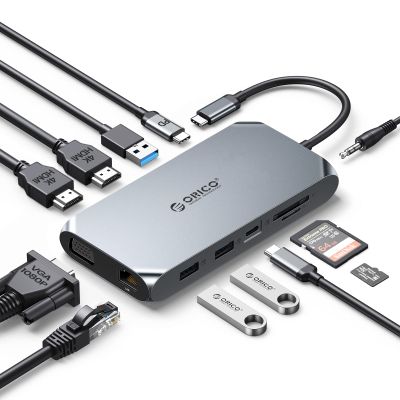 Docking Station USB C to Dual HDMI Adapter, ORICO 12 in 1 USB C Hub with Dual HDMI, VGA, 100W PD, Ethernet, 2 USB-A 3.1, 1 USB 2.0, 1 Type-C 3.1, SD/TF, Audio, Compatible for Windows/Mac OSGrey