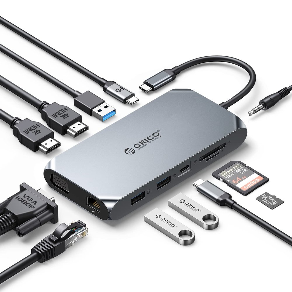 Docking Station USB C to Dual HDMI Adapter, ORICO 12 in 1 USB C Hub with Dual HDMI, VGA, 100W PD, Ethernet, 2 USB-A 3.1, 1 USB 2.0, 1 Type-C 3.1, SD/TF, Audio, Compatible for Windows/Mac OSGrey