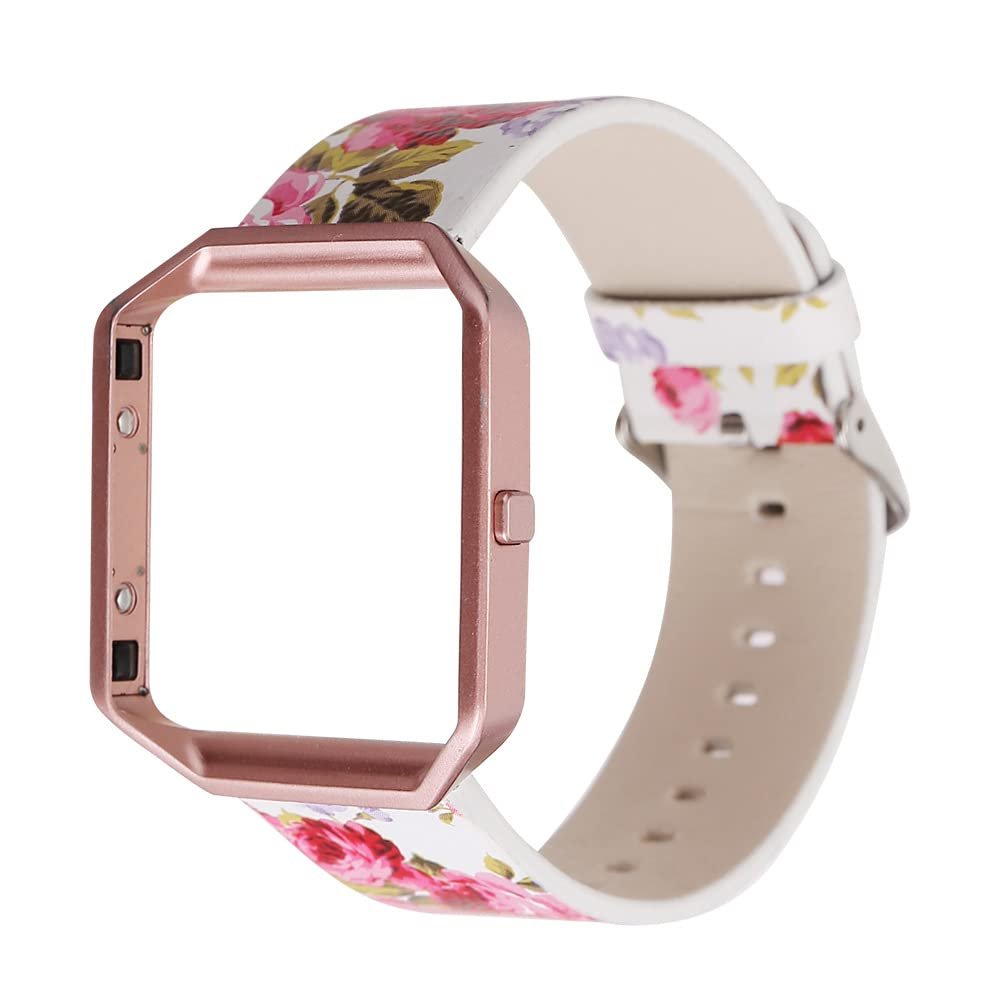AsohsEN Women Flower Strap for Fitbit Blaze Bands, Genuine Soft Leather Replacement Wristband Bracelet Metal Frame for Fitbit Blaze Smart Fitness Watch (Black powder+Powder)
