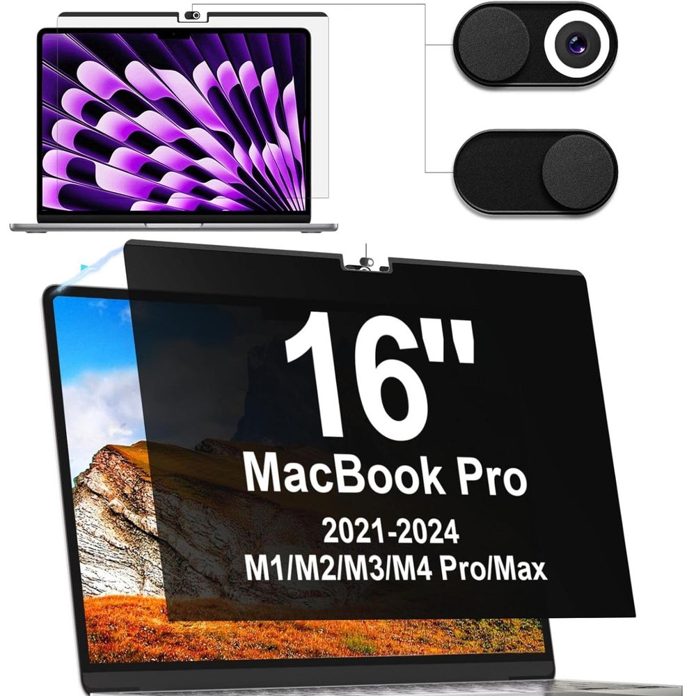 IPROKKO Magnetic Privacy Screen for MacBook Pro 16 Inch (2021-2025, M1, M2, M3, M4, Pro, Max), Removable Anti Blue Light Glare Private Spy Filter Screen Cover Compatible with 16.2" Mac Laptop [2-in-1 Privacy Kit]