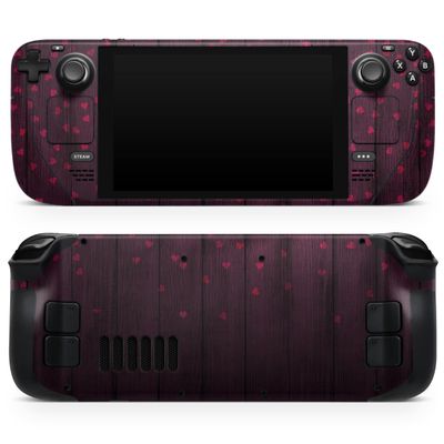 Design Skinz - Compatible with Steam Deck - Skin Decal Protective Scratch-Resistant Removable Vinyl Wrap Cover - Falling Micro Hearts Over Burgundy Planks of Wood