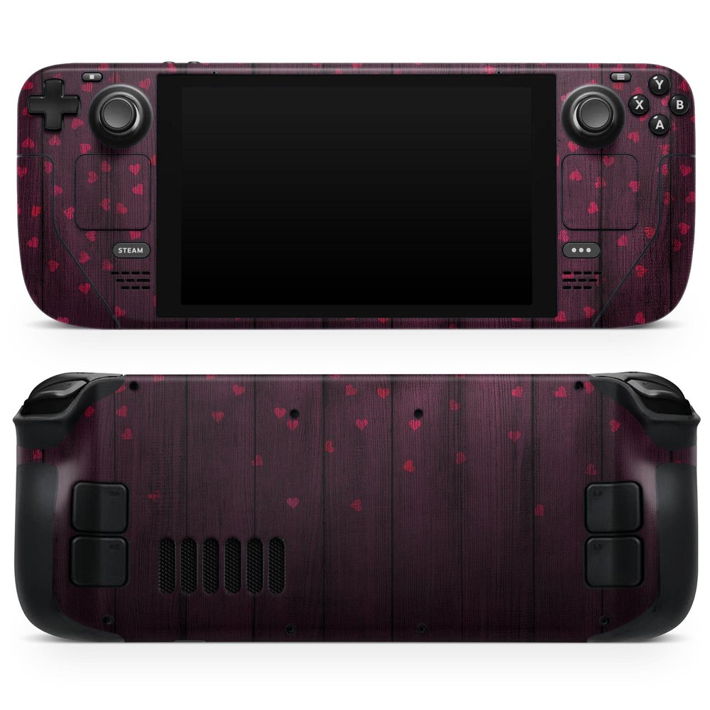 Design Skinz - Compatible with Steam Deck - Skin Decal Protective Scratch-Resistant Removable Vinyl Wrap Cover - Falling Micro Hearts Over Burgundy Planks of Wood