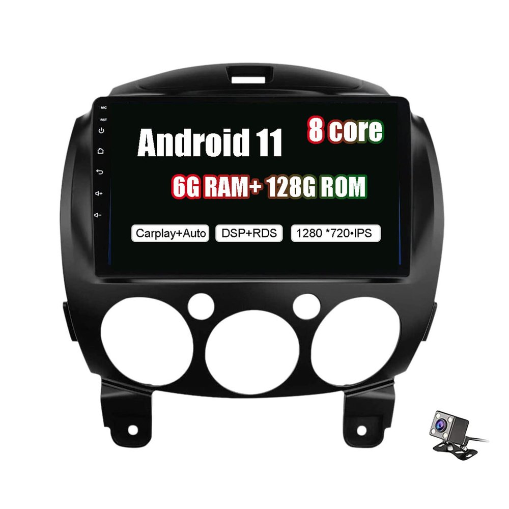 2 din 9 inch Android 11 Car Stereo Sat Nav Car MP5 Carplay Navigation for Mazda 2 2007-2014 RDS AM Car Radio Support Bluetooth WiFi DAB+ OBD DSP DVR+