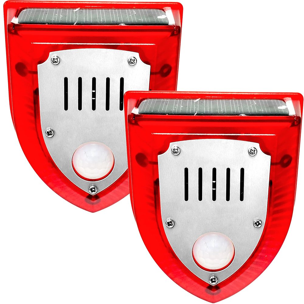 keeda Solar Warning Light Sensitive 129dB Security Alarm Light Gunshot Sounds & Dog Barking Strobe Alerts Light with Motion Sensor for Farm Barn Yard (Pack of 2)