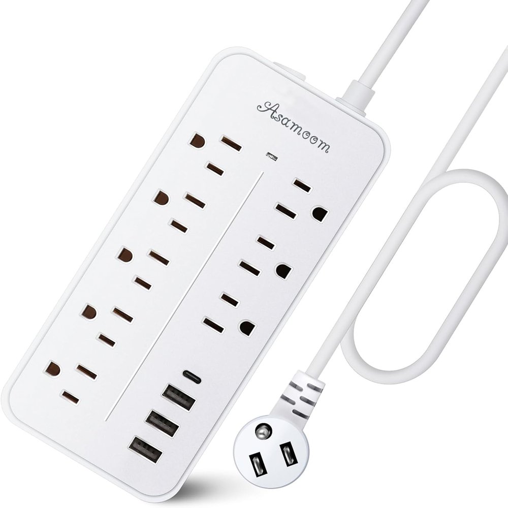25FT Surge Protector Power Strip Extension Cord with USB C, Asamoom Flat Plug Power Strip with Long Cord, 8 Outlets and 4 USB Port,1700J Surge Protector for Home Office White, ETL Listed