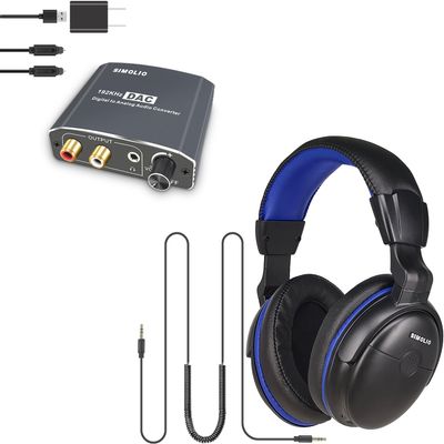 SIMOLIO SM905TV & DAC Bundle - Long Cord Headphones Work with All TVs, Tone Adjustment & Volume Control, Support Optical/Coaxial Digital and AUX/RCA Analog Audio Out Port, 40 Hrs Playtime, 18 ft