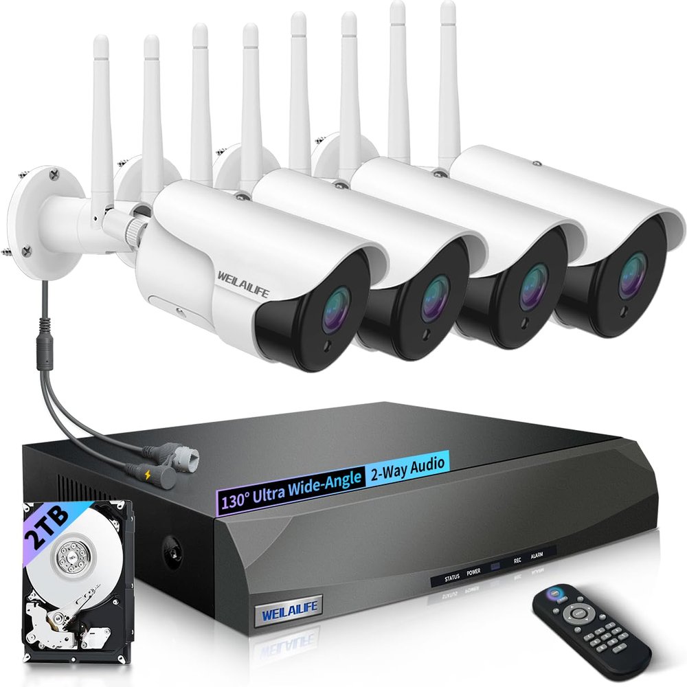 WEILAILIFE 2-Way Audio & Dual Antenna Enhanced 90ft Night Vision Outdoor Wireless Security Camera System, Wireless Surveillance Camera System, WiFi Video Surveillance, Home Security Cameras