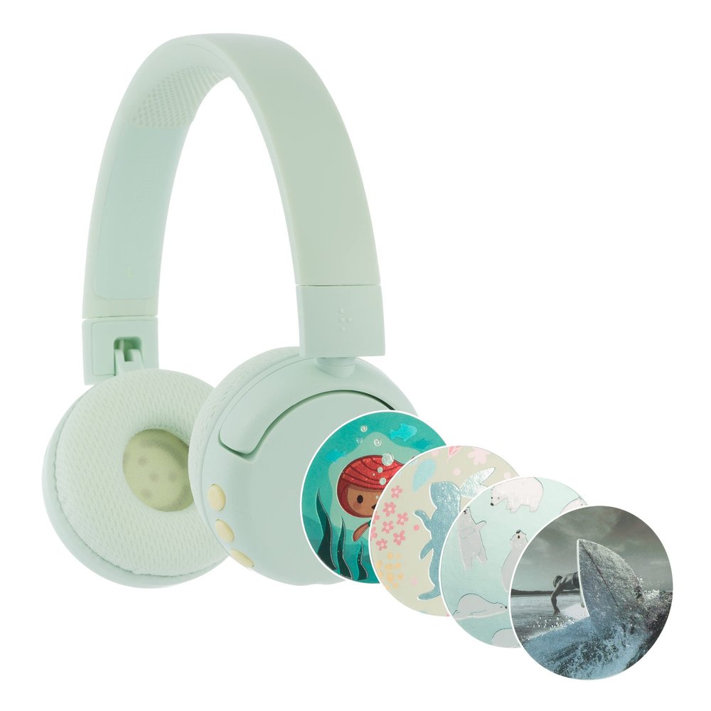 BuddyPhones POP Fun | Foldable Bluetooth Kids Headphones + Microphone, Works Wired or Wireless - SafeAudio Volume Limiting for iPhone/iPad/Tablet/PC and More (Green)
