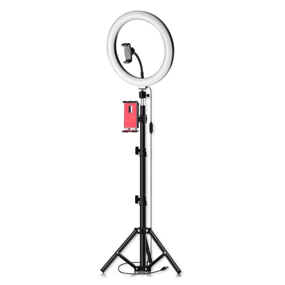 26 cm LED Ring Light 3 Colours 10 Levels Dimmable 3200-5600K Colour Temperature with Tripods Phone and Tablet Holder for Live Stream Makeup Portrait YouTube Video Lighting