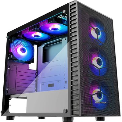 MUSETEX ATX PC Case pre-Installed 6pcs ARGB Fans, USB 3.0 Mid-Tower Gaming PC Case, Tempered Glass Side Panel Mesh Computer Case, G05N6-BW