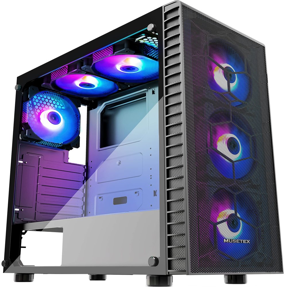 MUSETEX ATX PC Case pre-Installed 6pcs ARGB Fans, USB 3.0 Mid-Tower Gaming PC Case, Tempered Glass Side Panel Mesh Computer Case, G05N6-BW