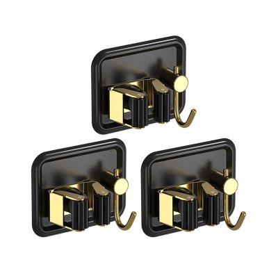 Stainless Steel Broom Gripper, Self Adhesive Mop Rack, Broom Hanger with Hook, Mini Mop Holder Dustpan Stand for Home Bathroom, Kitchen, Garage (Color : Black, Size : 3 Pieces)