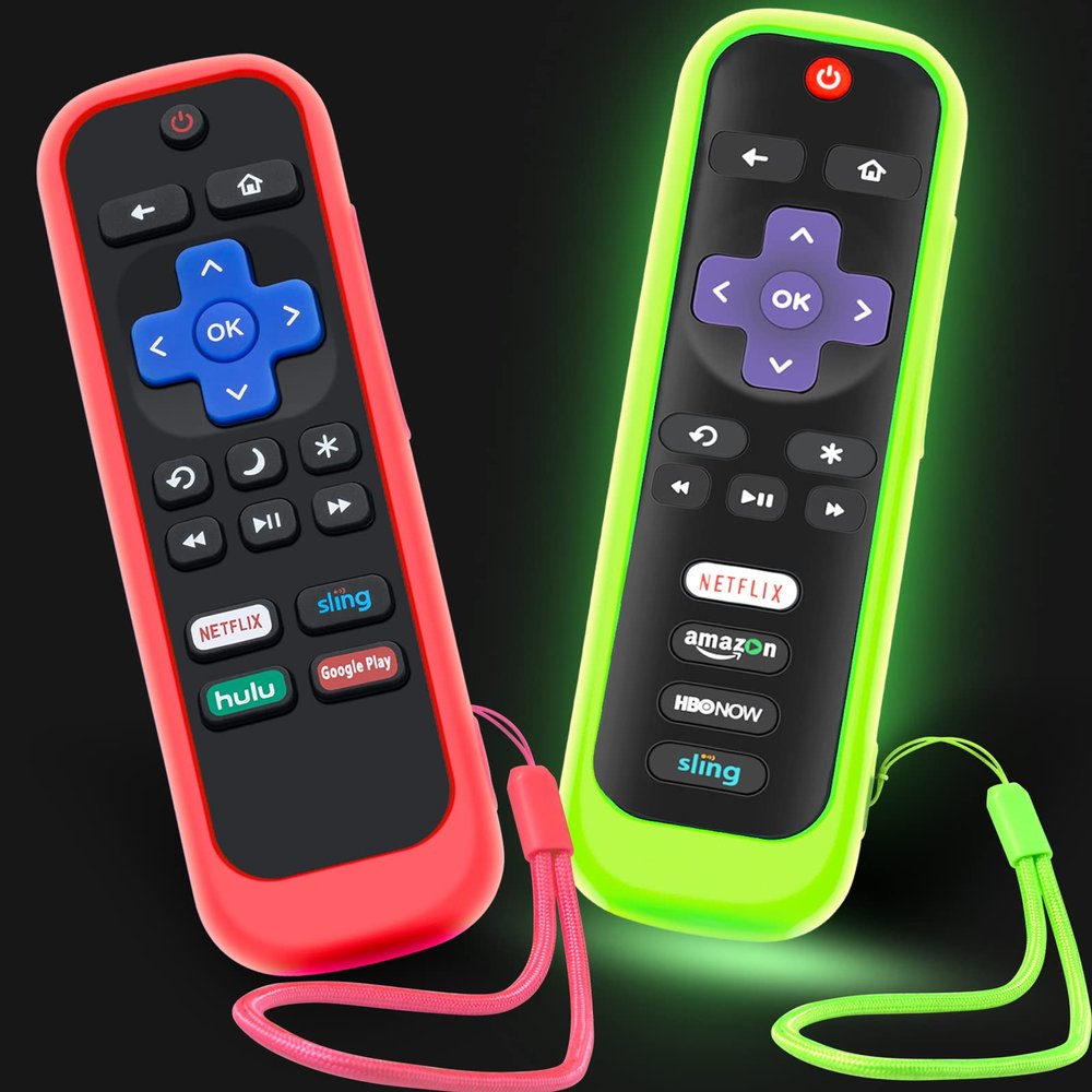 2Pack Case for Roku Remote, Cover for Hisense/TCL Roku TV Steaming Stick/Express Universal Replacement Controller Silicone Sleeve Skin Glow in The Dark Green Red