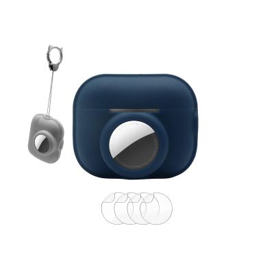 2 in 1 Case Compatible for AirPod Pro (2nd Generation) for Airtag,Silicone Cover Skin for GPS Tracker Headphone with Keychainwith 4 Pack Screen Protector, Navy Blue