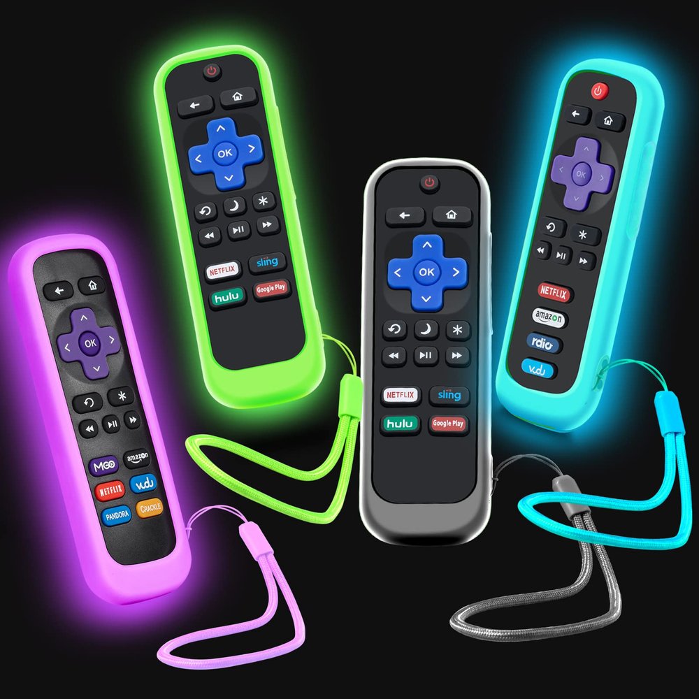 4Pack Case for Roku Remote, Cover for Hisense/TCL Roku TV Steaming Stick/Express Universal Replacement Controller Silicone Sleeve Skin Glow in The Dark Green Sky Purple Black