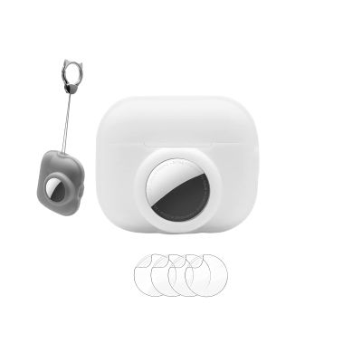 2 in 1 Case Compatible for AirPod Pro (2nd Generation) for Airtag,Silicone Cover Skin for GPS Tracker Headphone with Keychainwith 4 Pack Screen Protector,White