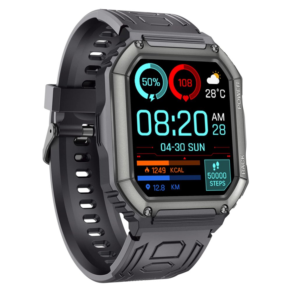 Tuanzi KR06 Black Sports Smart Watch 1.8 Inch Bluetooth Call Music Play Voice Assistant Health Monitor Multi Sports Modes Fitness Tracker (Black)