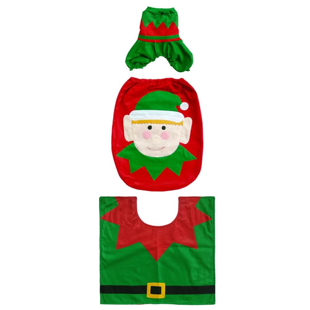 3pcs Christmas Toilet Cover and Rug Set Funny Elf Decorations Bathroom Set Includes Toilet Cover, Rugs, Tank Cover for Home Hotel Holiday Party Supplies