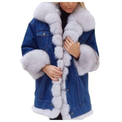 HINDOLA Womens Winter Denim Coats Faux Fur Thicken Lined Hood Overcoat Warm Sherpa Fur Jacket Snow Parka Jacket