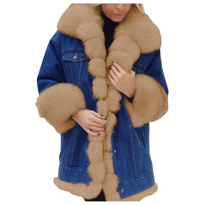 HINDOLA Womens Winter Denim Coats Faux Fur Thicken Lined Hood Overcoat Warm Sherpa Fur Jacket Snow Parka Jacket