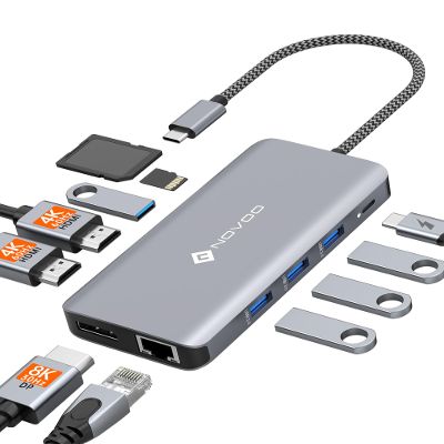 USB C Docking Station, NOVOO Triple Display Type C Hub Dual Monitor HDMI 4K@60Hz DP Multiport Adapter 4USB Ethernet SD/TF 100W PD Dongle Data for Dell/Surface/HP/Lenovo Thinkpad Laptop