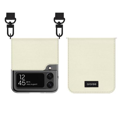Araree AR24785GZFP3IV Galaxy Z Flip 4 Case, Notebook Type, Shoulder Strap Included, Canvas Diary (Impact Resistant, Hands Free, Neck Strap, Compatible with Galaxy Wireless Power Share), Ivory