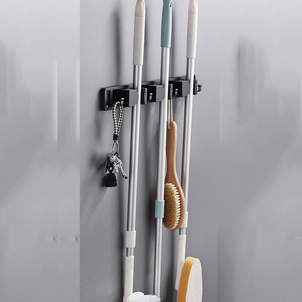 CTVR Wall Mount No Drilling Broom Holder, Heavy Duty Mop Rack & Mop Grippers, Anti-Slip Dustpan Hanger, Self Adhesive Mops Stand, 3 Clips 4 Hooks (Size : 51 * 5CM)