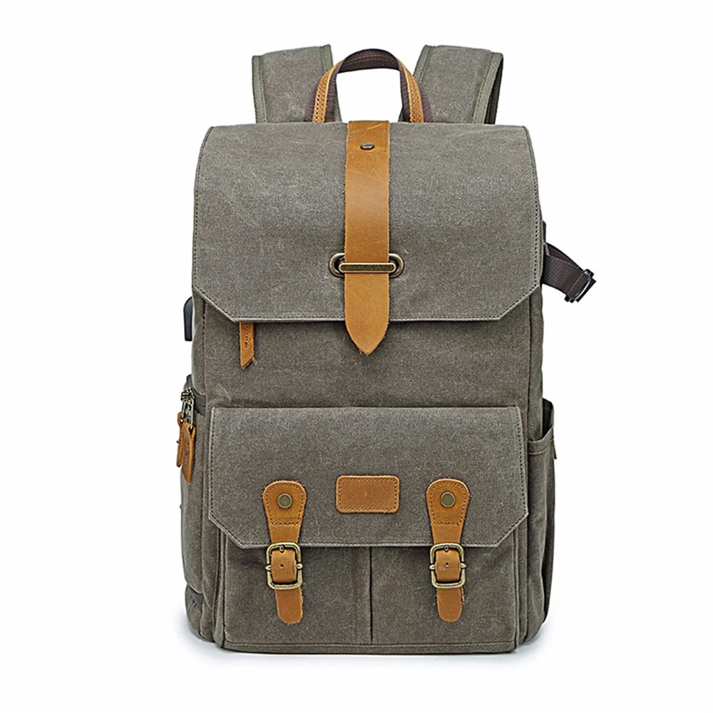 NICHANGHUA Photography Retro Waterproof Batik Canvas Backpack with Data Interface Port Fit 15.6inch Laptop Men Camera Bag Carry Case Compatible with Nikon DSLR (Color : Green)