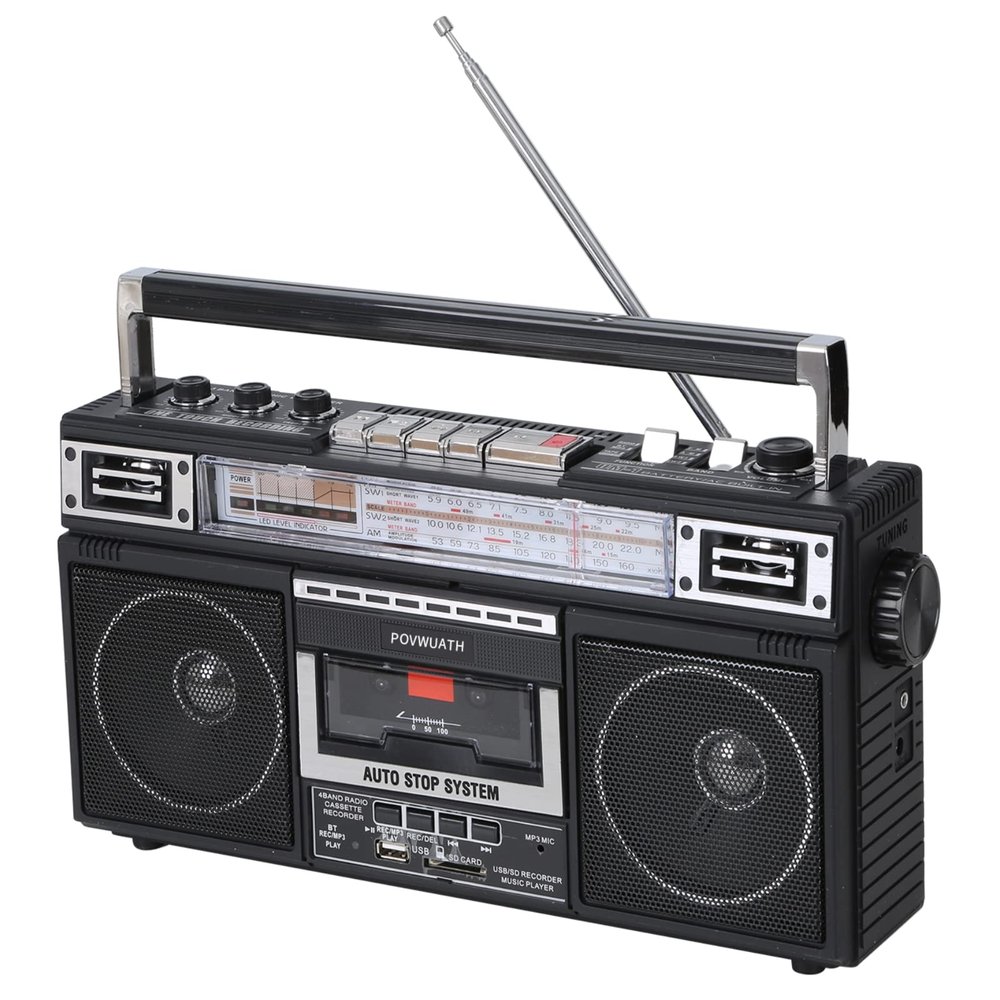 Portable Cassette Player Boombox AM/FM/SW1/SW2 Radio Tape Player Recorder with Bluetooth Microphone