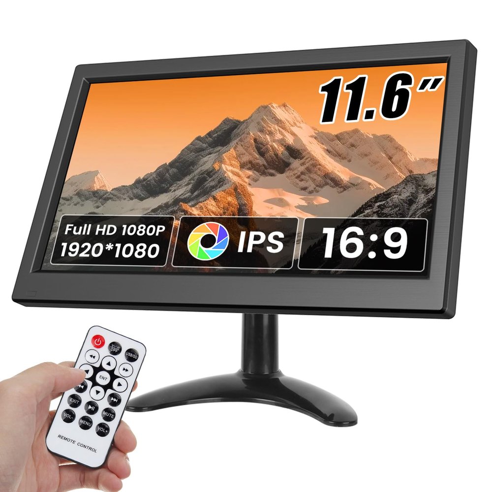 Hikity 11.6 Inch Small HDMI Monitor 1920x1080P Portable CCTV Monitors with BNC, AVI, VGA, HDMI Input Cable, Remote Control, Built-in Speakers, for PC, CCTV, Security Camera, Raspberry Pi, X-Box
