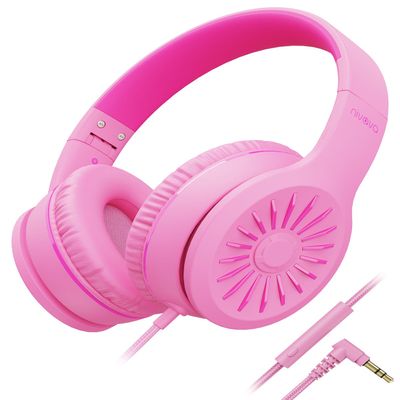 NIVAVA Wired Headphones with Microphone, K16 On-Ear Headphones for Kids with 3.5MM Jack, Foldable Stereo Bass Headphone for Teens School Amazon Kindle, Fire, Chromebook, Tablet (Pink Red)