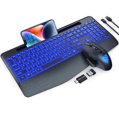 Wireless Keyboard and Mouse Backlits, Wrist Rest, LED Mouse, Rechargeable Ergonomic Keyboard with Phone Holder, Silent Light Up Combo for Computer, Mac, PC, Laptop, Chromebook (Black)