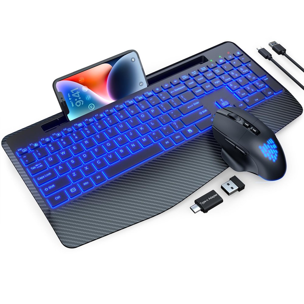 Wireless Keyboard and Mouse Backlits, Wrist Rest, LED Mouse, Rechargeable Ergonomic Keyboard with Phone Holder, Silent Light Up Combo for Computer, Mac, PC, Laptop, Chromebook (Black)
