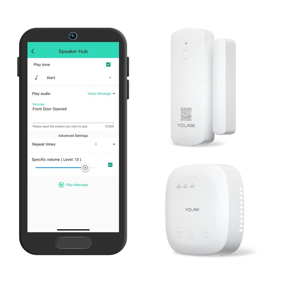 YoLink LoRa Smart Door Sensor Starter Kit: SpeakerHub Audio Hub & Door Sensor - Up to 1/4 Mile Range, Door Left-Open Reminders, up to 5 Year Batteries, Alexa, IFTTT, Home Assistant (2.4GHz WiFi Reqd)