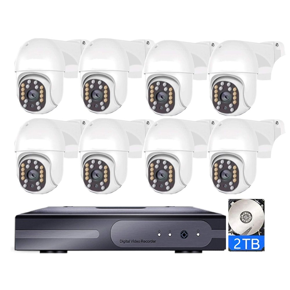 5MP POE Dome Rotation Security Camera Kit with Audio, Outdoor/Indoor H.265 Surveillance Cameras System with Color Night Vision, Automatic tracking, Motion Detection, with 2TB Hard Drive (8CH)