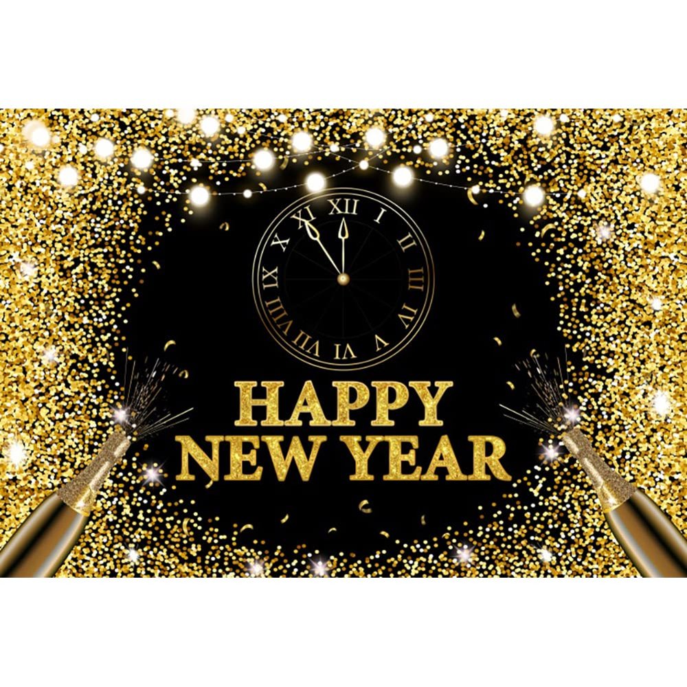 Renaiss 9x6ft Happy New Year Backdrop Champagne Clock Golden Glittering Countdown Background for Kids Adults Portrait NYE Party Supplies Christmas Cheers to 2025 New Year Carnival Selfie Decoration