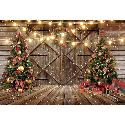 Renaiss 12x8ft Barn Door Christmas Backdrops Rustic Wood Wall Floor Xmas Tree Snowfall Background Family Photography Holiday Winter Party Supplies New Year Photo Studio Props Pictures Gifts Idea