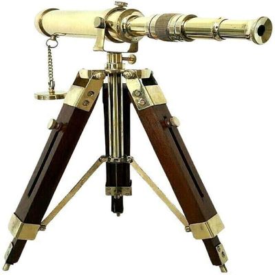 NAUTICAL WAREHOUSE Brass Telescope 12" Polished with Wooden Tripod Stand Collectible Home Decor (Golden)