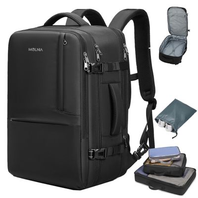 MOLNIA 50L Expandable Travel Backpack for Men Women, Carry On Backpack Airline Approved, Suitcase Backpack with Packing Cubes, Water Resistant Luggage Backpack Daypack Weekender Bag, Black