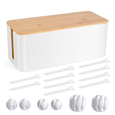 Cable Management Box - Wooden Style Cord Organizer Box to Hide Wires & Power Strips | Desk Computer Cable Organizer Box | Safe ABS Material | 12.6" (L) x 5.3" (W) 4.9" (H) | for Home & Office - White